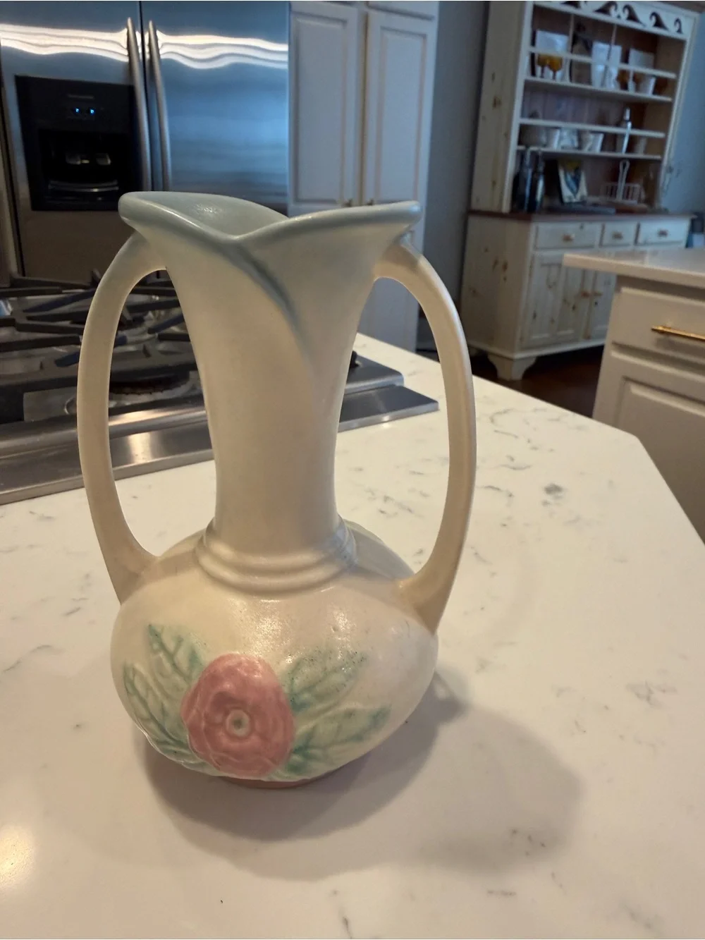 Hull Art Pottery Pink/Yellow Open Rose Pattern Double Handle Vase  USA Vintage